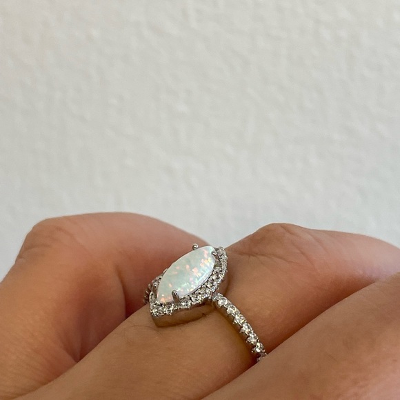 Opal Marquise Halo Opal Ring Sterling Silver CZ Ring - Picture 2 of 7